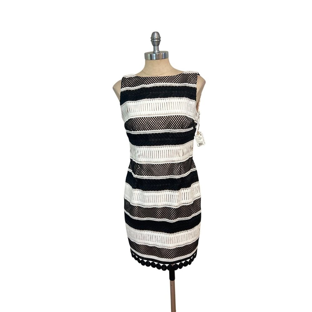 Aidan Mattox Black Cream Striped Sleeveless Cocktail Party Dress 8 10 NWT